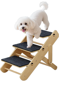 lot 10872 image: 2-Level Convertible Foldable Pet Ramp &amp Stairs for Couch &amp Bed (Indoor Use), Wood Pet Steps for Small Dogs &amp Cats up to 11lbs, Non-Slip Carpet Surface, Portable Design (Assembly Required) - Retail $36