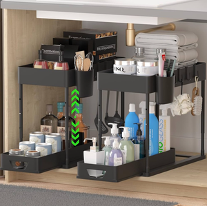 lot 10893 image: 2 Pack Adjustable Height Under Sink Organizers and Storage, 2Tier Bathroom Organizer Under Sink,Multifunction Kitchen Under Sink Organizer with 8 Hooks and 2 Hanging Cups - Retail $30