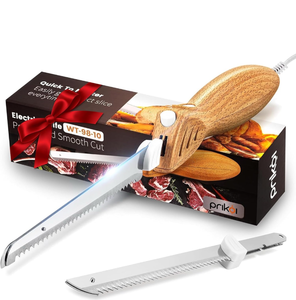 lot 10902 image: Electric Knife - Easy-Slice Serrated Edge Blades Carving Set for Meat, Bread, Turkey, Ribs, Fillet, DIY, Ergonomic Handle  2 Blades for Raw & Cooked Food(Faux Wood) - Retail $22