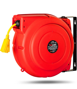 lot 10909 image: ReelWorks Extension Cord Reel Retractable 12AWG x 65 Foot 3CSJT Heavy Duty Commercial Cable Triple Tap Connector Power 15A 125VAC 1875W - Retail $200