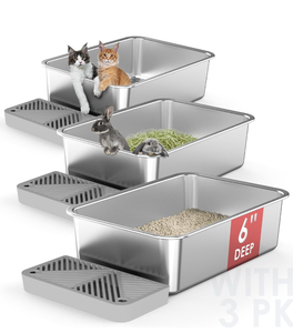 lot 10911 image: 3 Pack 19.6x13.7x6 Stainless Steel Litter Box with 26L Litter Capacity, High Sides Large Cat Litter Box for Multi-Cats, Metal Litter Pan with Footboard, Non Stick Litter Pan Litter Tray - Retail $80