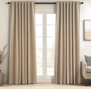 lot 10925 image: Topfinel Tan Blackout Curtains for Living Room 100 inch Long,Thick Linen Pinch Pleat Curtains with Hooks Bedroom Apartment Window Treatment 2 Panels,100 inch Length - Retail $67
