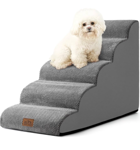 lot 10928 image: Dog Stairs for High Bed 22.6 H,Dogs Step for Puppy, Older Dog, Curved Ramp for Car, Stairs with High Density Foam, Lightweight, Durable, 15.7x33x22.6 inch, 5 Step, Grey - Retail $70