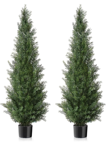lot 10929 image: Set of 2 Pre-Potted 5 Feet Faux Cedar Tree, Lifelike UV Protected Front Door Decor, Porch, Garden, Entryway Topiary, IndoorOutdoor Use - Ready to Display - Retail $148
