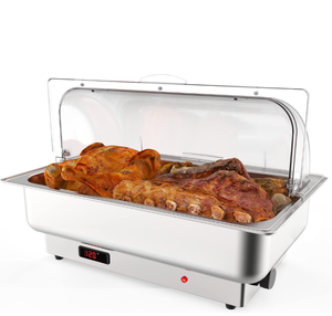 lot 10932 image: 9QT Electric Chafing Dish Set with Temperature Control, Roll Top Stainless Steel Full-size Chafer with Transparent Lid for Catering and Food Servers - Retail $102
