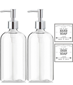 lot 10940 image: Clear Soap Dispenser with Rust Proof Pump, Waterproof Labels (2 Pack,16 Oz), Plastic Hand Soap Dish Soap Dispenser for Kitchen Bathroom - Retail $12