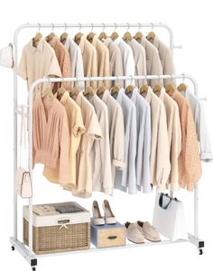 lot 10946 image: Laiensia Double Rods Garment Rack with Wheels, Clothing Rack for Hanging Clothes,4 Hooks, Multi-functional Bedroom Clothes Rack, White - Retail $33