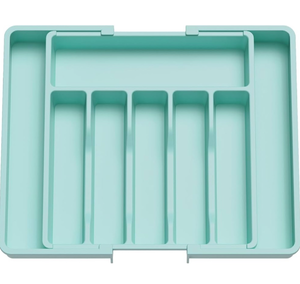 lot 10955 image: Lifewit Silverware Drawer Organizer, Expandable Utensil Tray for Kitchen, BPA Free Flatware and Cutlery Holder, Adjustable Plastic Storage for Spoons Forks Knives, Large, Turquoise - Retail $20
