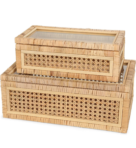 lot 10958 image: Handwoven Boho Rattan Display Boxes with Glass Lids - Set of 2 Rectangular Decorative Storage Bins - Natural Woven Cane Home Decor Organizers - Retail $60