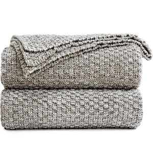 lot 10963 image: Longhui bedding Knitted Throw Blanket for Couch, Soft, Cozy Machine Washable 100% Cotton Sofa Blanket, Heavy 3.8lb Weight, Laundry Bag Included, Grey and White - Retail $40