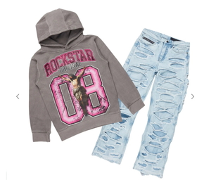 lot 10966 image: Boys Fields Vintage GreyPink HoodieBaggy Fit Jean Set, Kids Size 10 - Retail $150