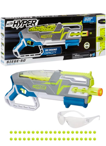 lot 10972 image: Nerf Hyper Siege-50 Pump-Action Blaster, 40 Hyper Rounds, Holds Up to 50 Rounds, Glasses, Up to 110 FPS Velocity, Easy Reload, Toy Foam Blasters - Retail $30