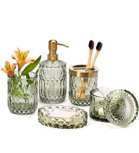 lot 10979 image: EMPO 6PCS Bathroom Clear Glass Accessories Set (Lotion Soap Dispenser, Soap Dish, Toothbrush Holder, Tumbler, Cotton Swab Jar), Contemporary Modern Decor Crystal Vintage Gift (6pcs Green) - Retail $31