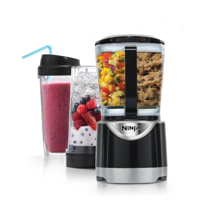 lot 2271 image: Ninja 16oz Personal Blender, 48oz Countertop Blender, and 40oz Food Processor with 550-Watt Base with SlicingShreddingGrating Attachments (BL201)