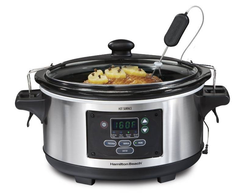 lot 2272 image: Hamilton Beach (33969A) Slow Cooker, Programmable, 6 Quart With Temperature Probe, Sealing Lid and Transport Clips, Stainless Steel