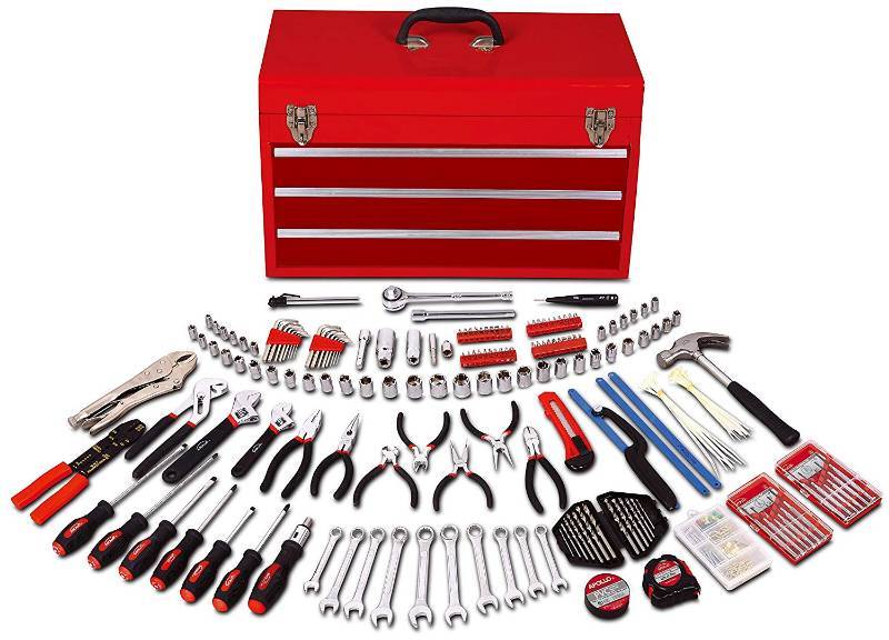 lot 2329 image: Apollo Tools DT6803 All Purpose Mechanics Tool Kit in 3-Drawer Steel Box, 297-Piece (DAMAGED AS IS)
