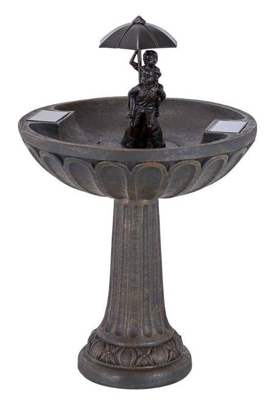 lot 2334 image: Smart Solar 20336R01 Umbrella Series Solar Fountain, Boy and Girl Riding Piggyback, Aged Bronze Finish, Utilizes Smart Solar Dual Solar Panel Technology