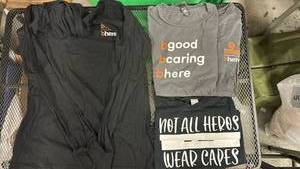lot 404 image: 4 piece T-shirt set 1 long sleeve black hoodie Sz Lg, 2 grey short sleeves 1 Med, 1 Lg, 1 Black short sleeve Sz Lg. Pet themed.