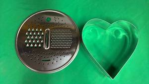 lot 428 image: Stainless Steel Grader for Cheeses and Vegetables, and a 8inx9in Giant Heart Cookie Cutter.