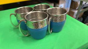 lot 444 image: Set of 4 Metal Moscow Mule Cups, Keeps Drinks Colder with Ice. Silver and Blue  - Retail $35