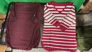 lot 480 image: 2 Piece Light Weight Womens Sweaters Striped Sz Med, Maroon (says XL, fits like Lg)