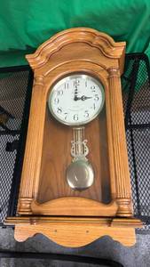 lot 503 image: Oak Wood Pendulum Wall Clock with Glass Door - Retail $125