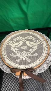 lot 514 image: Decorative Lace Doily with Wooden Embroidery Hoop and Brown Ribbon - Retail $24