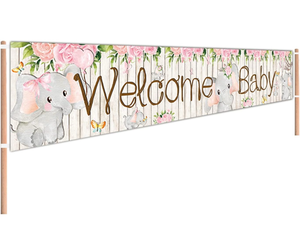 lot 536 image: 9.8 x 1.6 ft Pink Elephant Welcome Baby Yard Sign Banner Girl Shower Party Supplies Decorations Backdrop Background