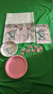 lot 537 image: Elephant and Baby Girl Party Decor 16 plates in total 2 Banners  and 8 CakeCupCake Picks