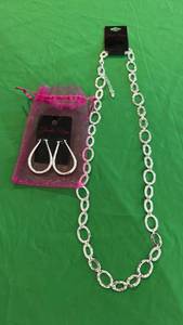 lot 590 image: Silver Oval Link Necklace and Hoop Earring Set - Retail $45