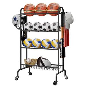 lot 1014 image: IBUYKE Basketball Rack, 4-Layers Rolling Ball Storage Rack with Wheels, Movable Garage Sports Equipment Storage Organizer for Basketball Football Soccer Volleyball Outdoor Indoor, Black TBL002B