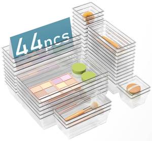 lot 1018 image: 44 PCS Clear Plastic Drawer Organizers Set, 4 Size Versatile Bathroom and Vanity Organizer Trays, Cosmetic Display Cases for Makeup, Jewelries, Bedroom��Kitchen Utensils and Office