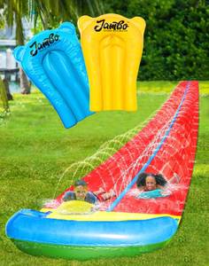 lot 1043 image: JAMBO 32FT Extra Extra Long Slip Splash and Slide and 2 Bodyboards, Heavy Duty Water Slide with Inflatable Crash Pad, Double Lane Slip Slides, Outdoor Backyard Water Slides n Toys for Kids
