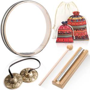 lot 1047 image: Maasechs 3 Sets Meditation Instrument Include Tibetan Tingsha Cymbals One Tone Hand Chime Bell with Drumstick and Wave Bead Sea Drum with Drawstring Cloth Bag for Teachers Classroom Management