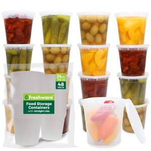 lot 1057 image: Freshware Food Storage Containers 24 oz Plastic Deli Containers with Lids, Slime, Soup, Meal Prep Containers, BPA Free, Stackable, Leakproof, MicrowaveDishwasherFreezer Safe, 48 count (pack of 1)