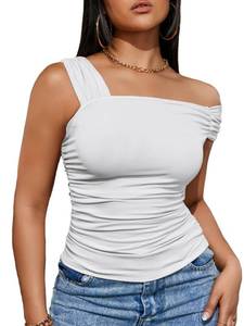 lot 2011 image: POPMONO Women Short Sleeve Off The Shoulder Top Ruched One Shoulder Cute Crop Tops Sexy Slim Fit T Shirts Going Out Y2K Tees White S