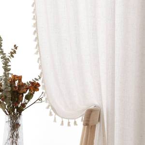 lot 2040 image: Natural Boho Linen Curtains 84 Inches Long 2 Panels Cream Beige Semi Sheer Curtains Tassel Rod Pocket Back Tab Top Light Filtering Neutral Farmhouse Curtain for Living Room Bedroom 38x84
