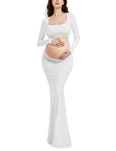 lot 2342 image: Bhome Maternity Photoshoot Dress Long Sleeve Sexy Cut-Out Backless Maternity Maxi Gown Photography Outfits White S