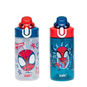 lot 2345 image: Zak Designs Marvel Spider-Man Sage Kids Water Bottle For School or Travel, 16oz Durable Plastic Water Bottle With Straw, Handle, and Leak-Proof Spout Cover, 2-Pack (Spidey and His Amazing Friends)