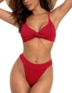 lot 2355 image: ZAFUL Textured String Bikini Set Swimsuits Two Piece Bathing Suits Criss Cross Back Swimwear for Women Red X-Large