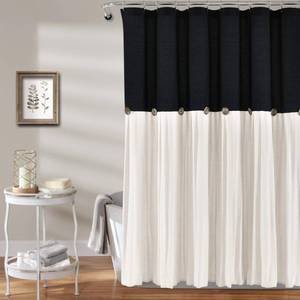lot 2401 image: Lush Decor Linen Button Shower Curtain, 72 W x 72 L, Black & Off White - Black Shower Curtain Fabric - Bathroom Curtain - Farmhouse Bathroom Decor