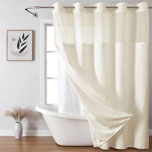lot 2404 image: eachope Cream No Hook Tufted Shower Curtain with snap-in Liner for Bathroom, Boho Farmhouse Style with See Through Top Window, no Hook Shower Curtain and Liner Set, BeigeCream, 71Wx74H