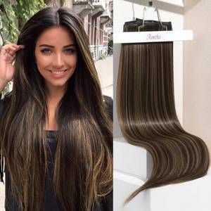 lot 2423 image: REECHO Clip in Hair Extensions, Hair Extensions Thick Long Lace Weft Lightweight Synthetic Hairpieces for Women (24 Inch-240 Gram(Pack of 5), Dark Brown with Highlights)