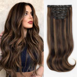 lot 2430 image: ALXNAN Clip-in Hair Extensions, Thick Long Straight Layered, Medium Brown Mix Caramel Brown, 20 Inch Soft Lace Weft
