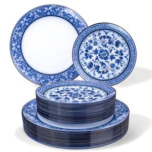 lot 9186 image: Hioasis 60pcs Blue Plastic Plates Set - Floral Blue & White Porcelain Design, 10.25 Dinner & 7.5 Dessert Plates Disposable for WeddingParty (Dishwasher Safe, Art Style)