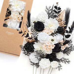 lot 9192 image: Lings Moment Fake Flowers Box, Faux Greenery Stems Silk Dahlia Artificial Roses Eucalyptus for Wedding Bouquets Centerpieces Table Decorations Floral Arrangement, White & Black, Deluxe Combo