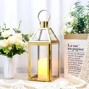 lot 9196 image: JHY Design Gold Decorative Lanterns 16 H Stainless Steel Candle Lanterns with Tempered Glass for Indoor Outdoor Events Parities and Weddings