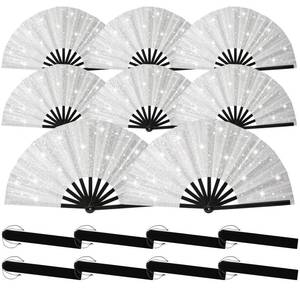 lot 9202 image: 8 PCS Large Glitter Folding Fans Bulk with Sleeves for Line Dancing, 13-Inch Glittery Silver Clacking Fan Popping Fans, Line Dance Retro Fold Fan for Festivals, Parties-Silver