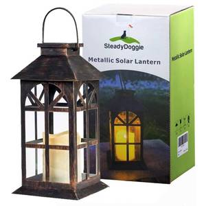lot 9218 image: SteadyDoggie Solar Lantern Outdoor Waterproof - Metal Hanging Light for Garden, Patio and Porch - Vintage and Solar Powered with Glass Panels for Indoor and Outdoor Decor - Bronze