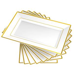 lot 9247 image: FOCUSLINE 8 PCS Plastic Serving Trays, White and Gold Rim Plastic Serving Platters, Disposable Tray for Food, Perfect for Wedding Parties